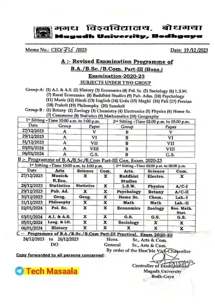 Magadh University Part -3 2020-23 Examination Program 