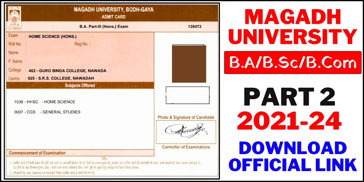 Magadh University Part 2 Admit Card 2021-24 Download