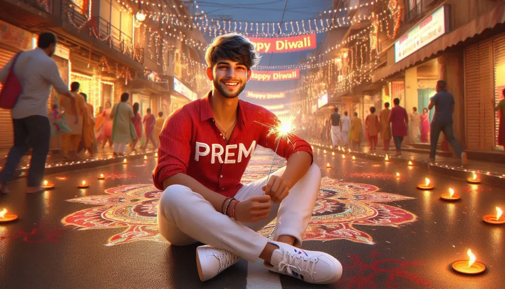 Young man named Prem, age 20, celebrates Diwali on a vibrant Indian street, wearing a red shirt with his name in white letters, paired with white pants and sneakers. He smiles while holding a lit sparkler, surrounded by colorful rangoli designs, bright festive lights, and a glowing 'Happy Diwali' message formed with diyas, capturing the festive atmosphere and joy of Diwali night.