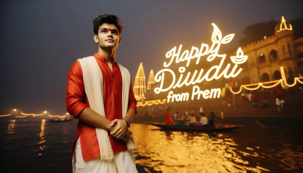 Prem, a 20-year-old Indian boy in a white dhoti and red kurta, participates in a Diwali puja ceremony in Patna City. His name is illuminated in the background, and a glowing 'Happy Diwali from Prem' message floats above the serene Ganges River.