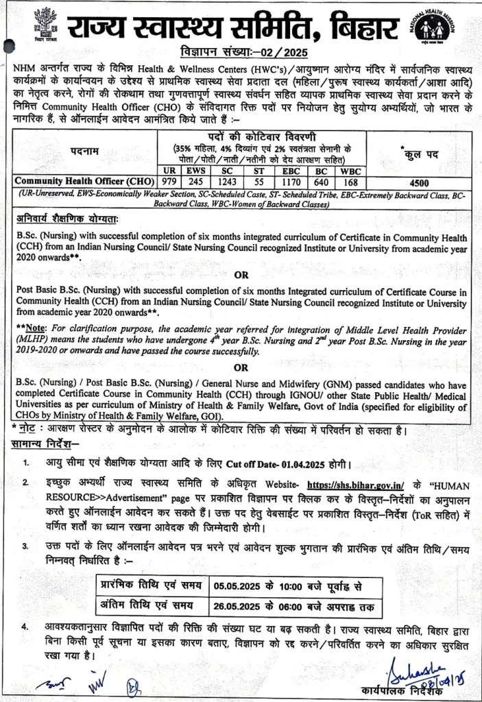CHO Official Notification बिहार में 4500 CHO पदों पर सीधी भर्ती, ₹32 हजार का महिना, ऐसे करें अप्लाई